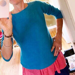 Tahari Deep Turquoise Ribbed Extra Fine Merino Wool Medium Three-Quarter Sleeve